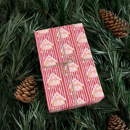 RED & PINK STRIPES GINGERBREAD HOUSE WRAPPING PAPER ROLL