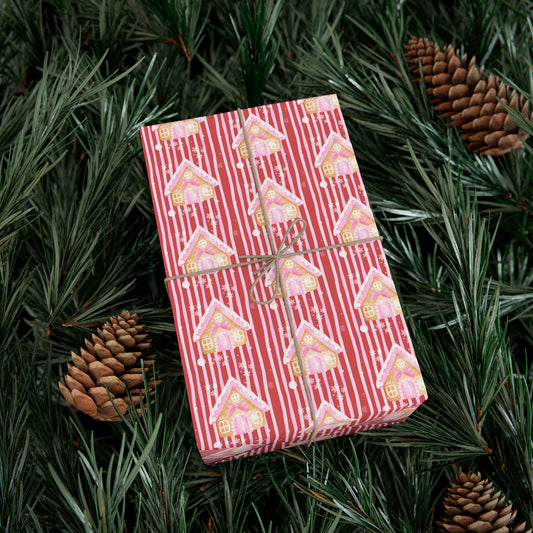 RED & PINK STRIPES GINGERBREAD HOUSE WRAPPING PAPER ROLL