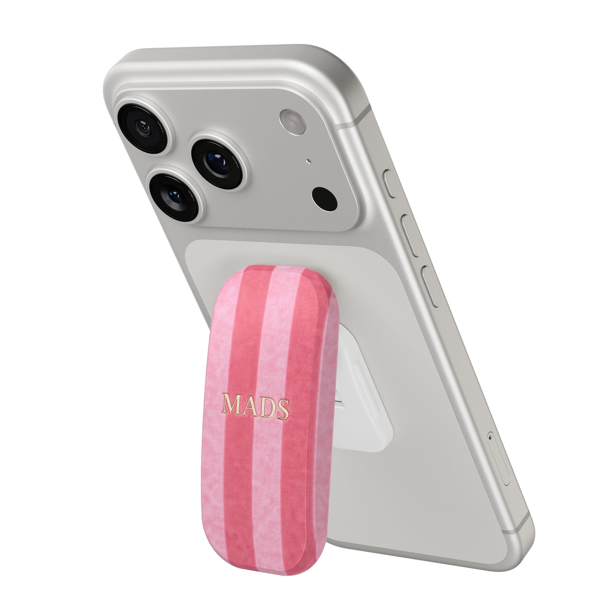 Grip Click phone case with pink velvet vertical stripes and gold MADS name, on phone