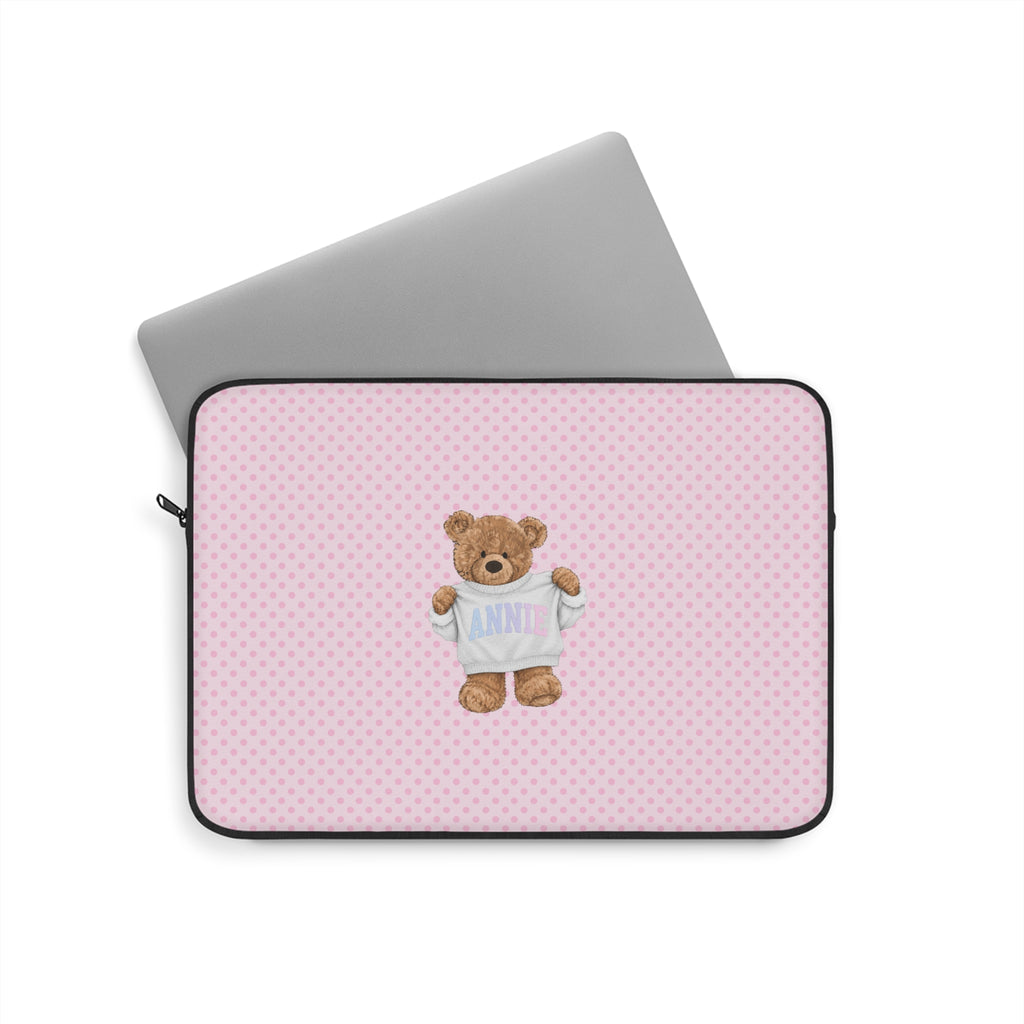 Pink polka dot device sleeve with teddy bear graphic centered, black zipper trim