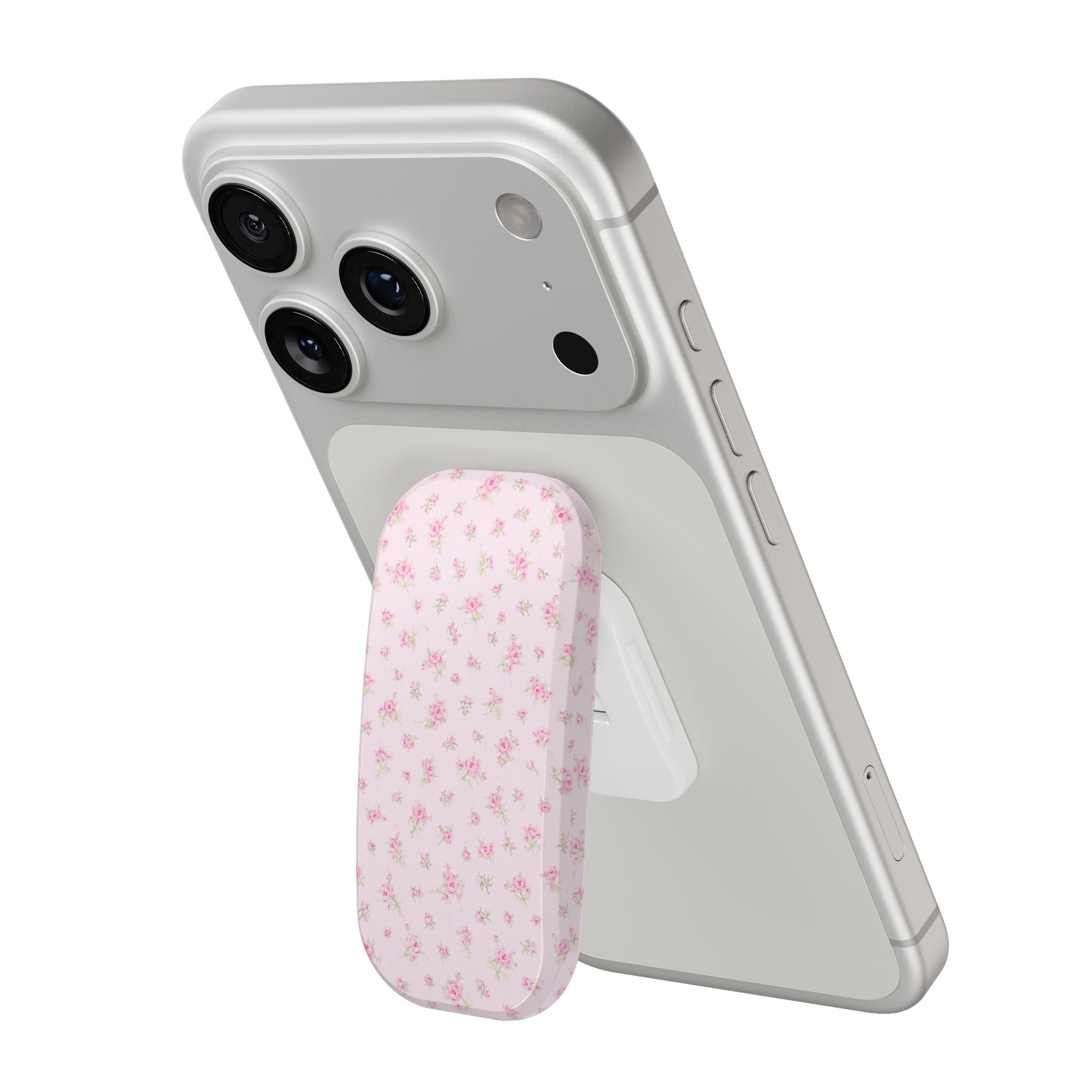 Pink floral phone grip attached to light gray phone case
