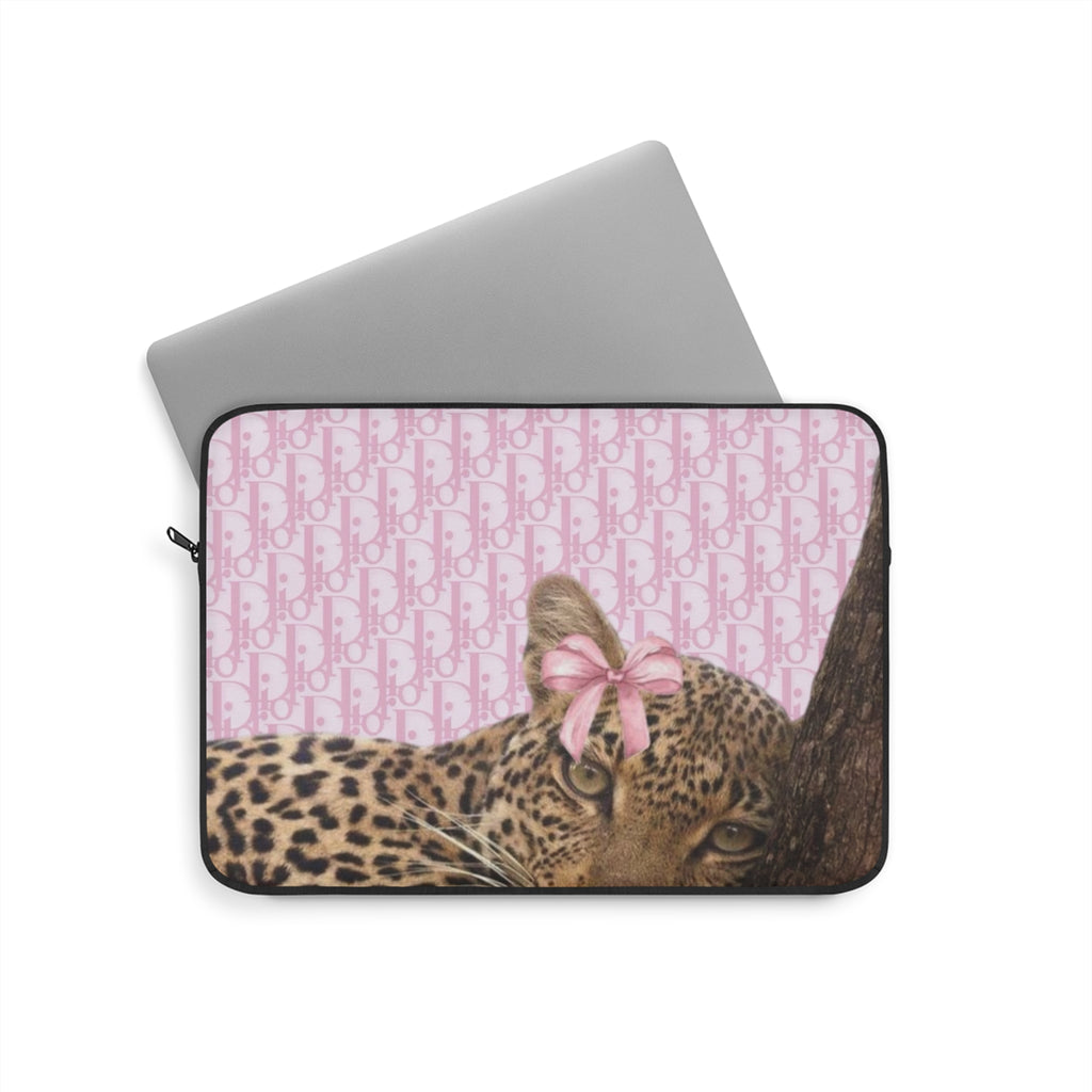 Pink cheetah animal print laptop sleeve with pink patterned panel and black trim