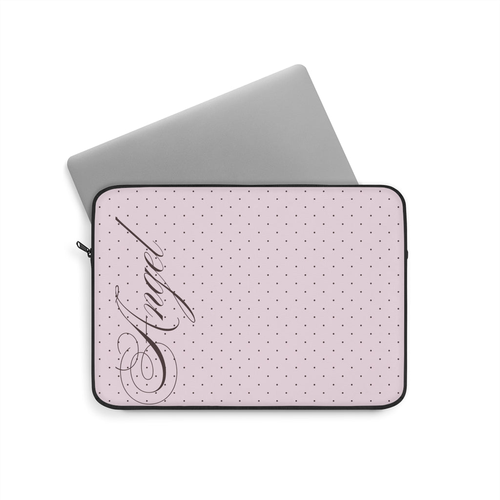 Pink polka dot tablet sleeve with angel graphic and zippered top