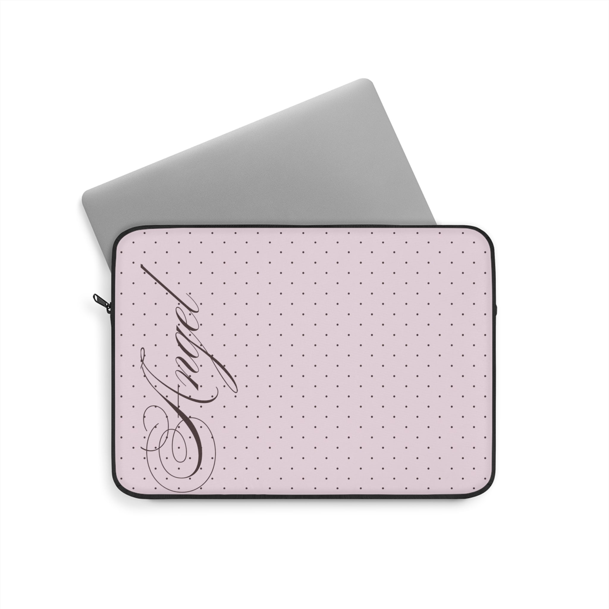 Pink polka dot tablet sleeve with angel graphic and zippered top
