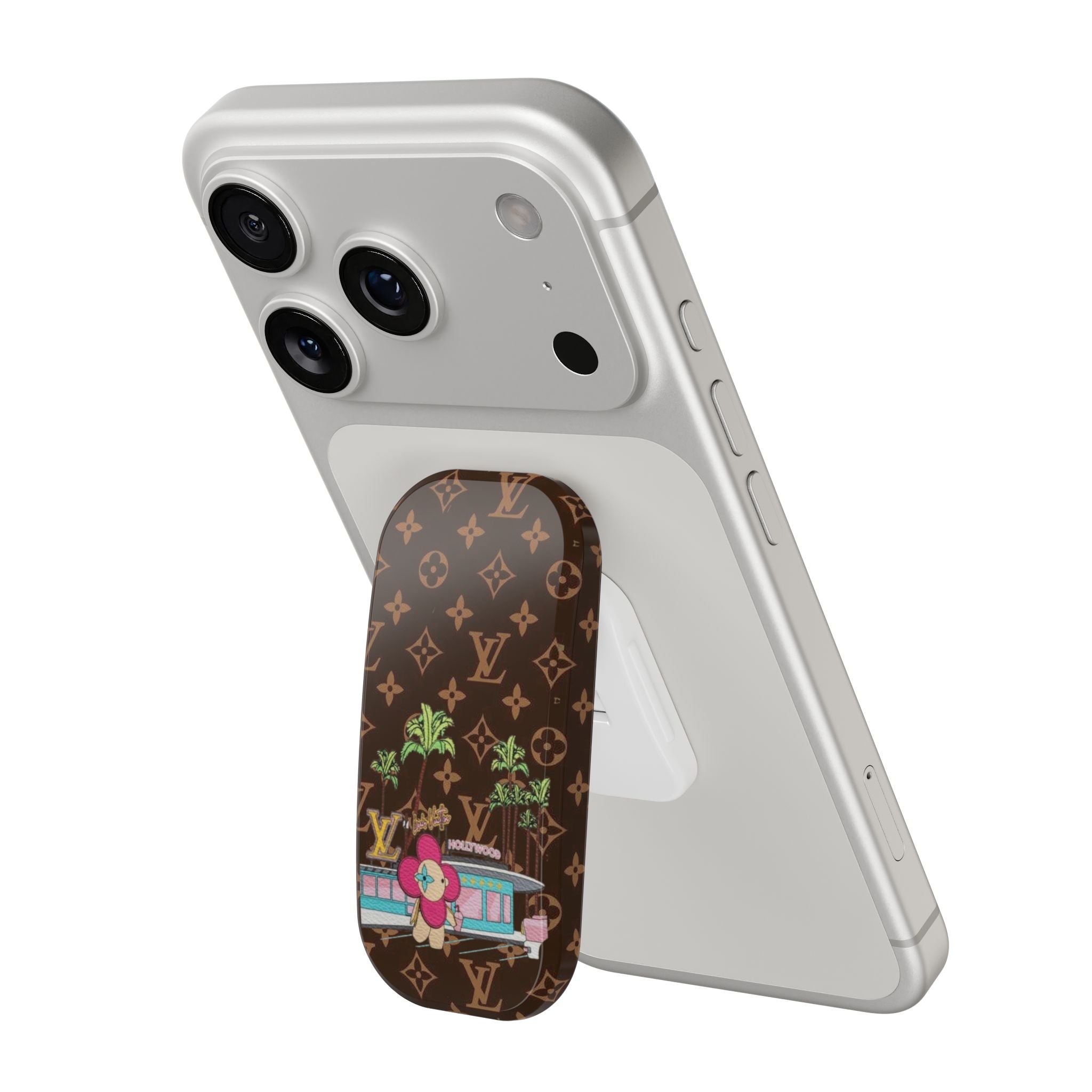 Silver phone case with dark monogram grip insert and colorful Hollywood graphic