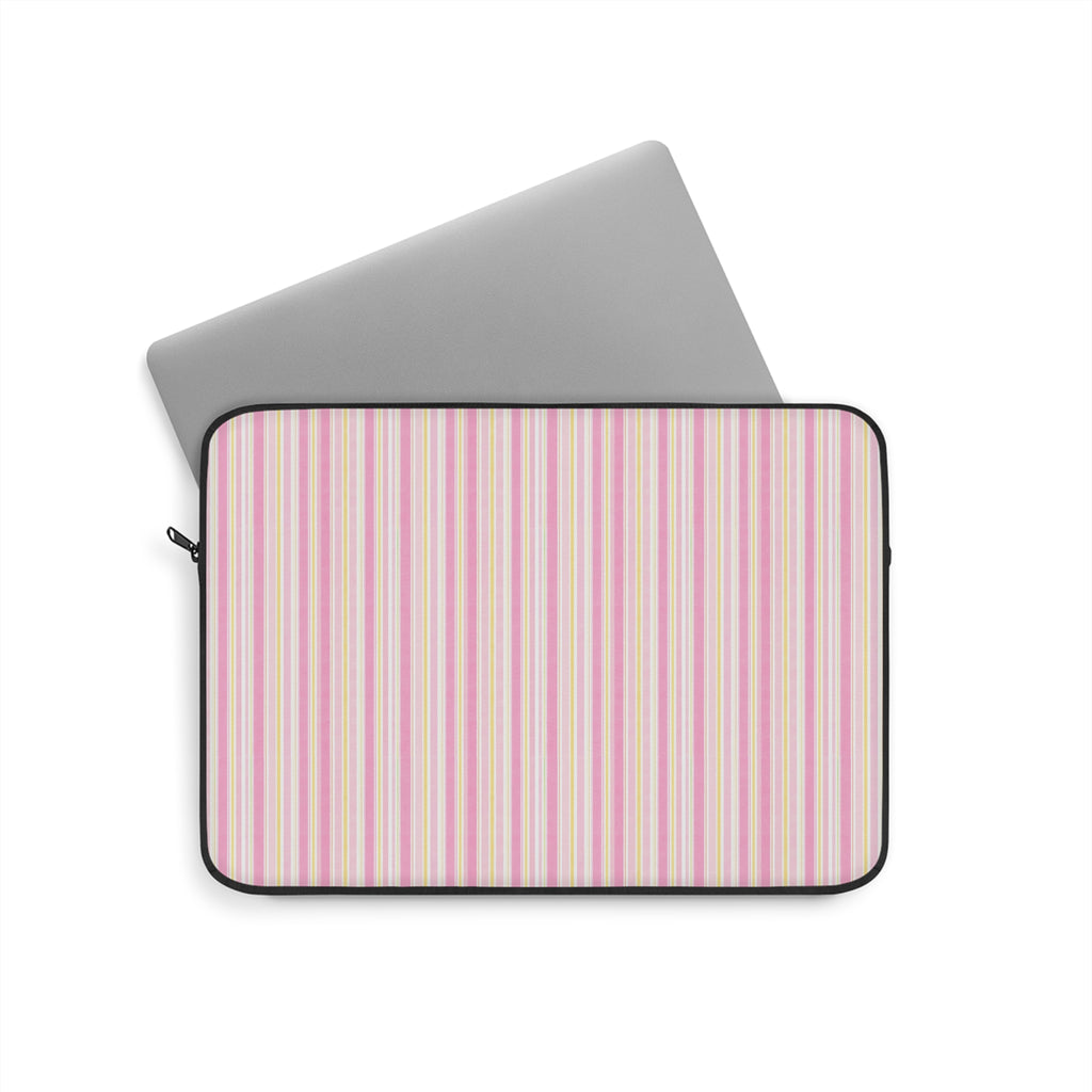 Neoprene device sleeve with pastel vertical stripe lining and black zip edging