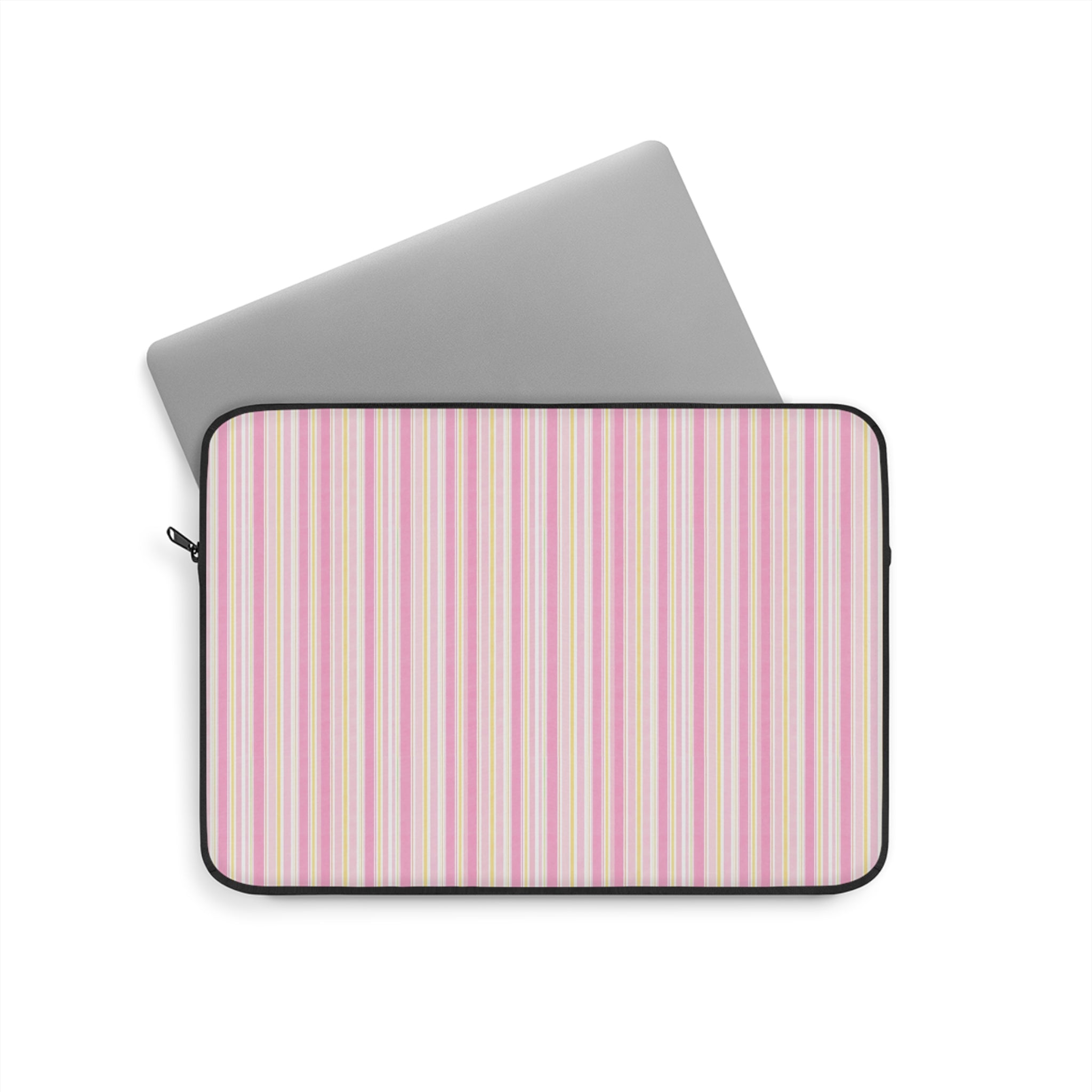 Neoprene device sleeve with pastel vertical stripe lining and black zip edging