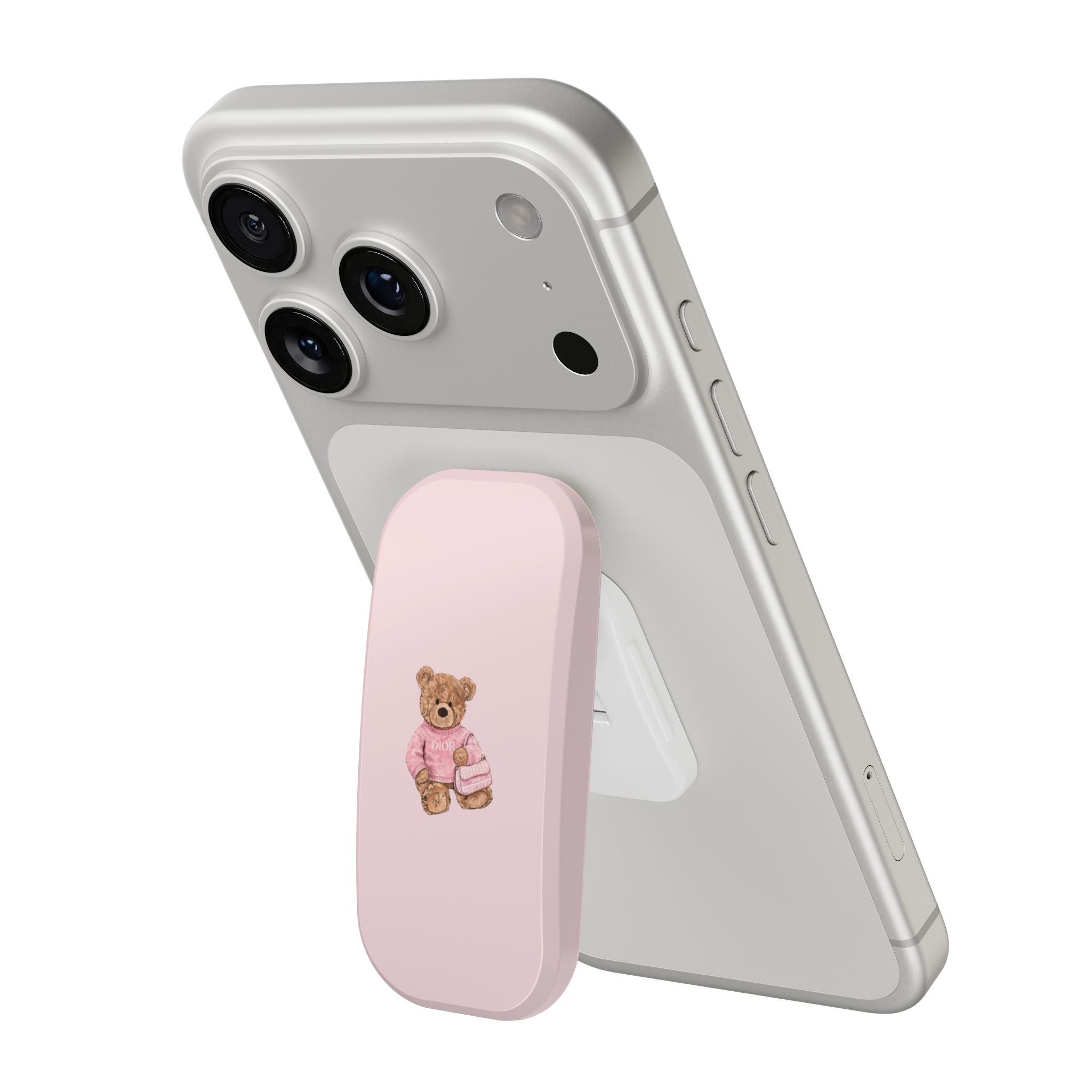 Gray phone case with pink grip pad and small Dior teddy bear