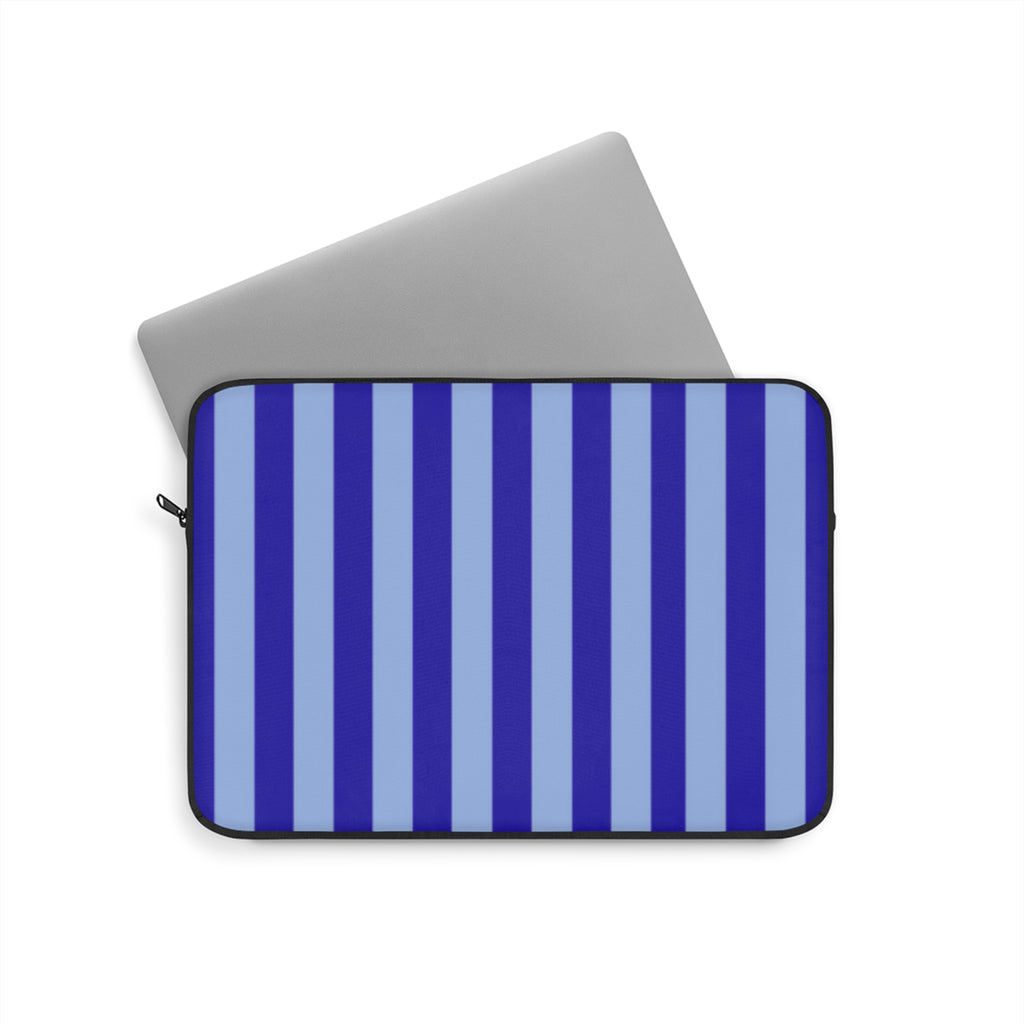 Blue-and-white striped neoprene sleeve with zip closure and black trim