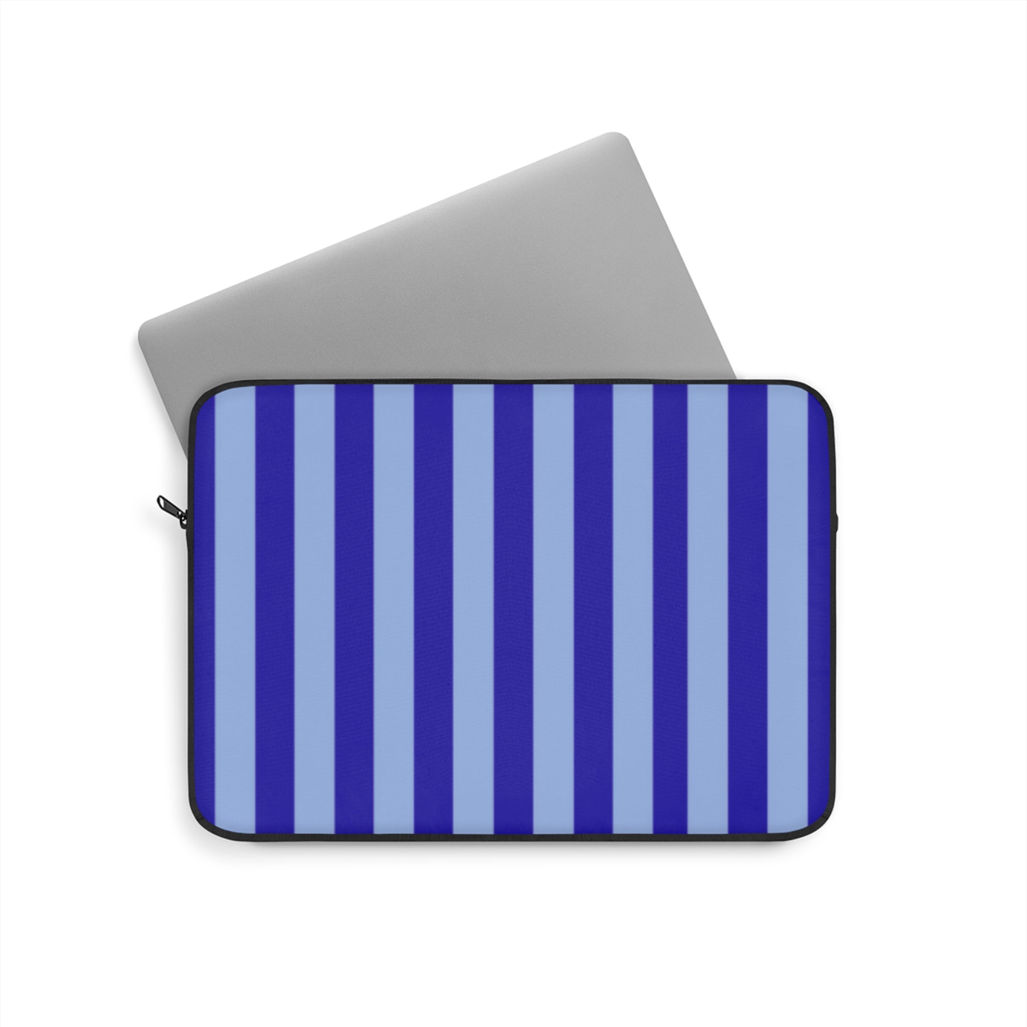 Blue-and-white striped neoprene sleeve with zip closure and black trim