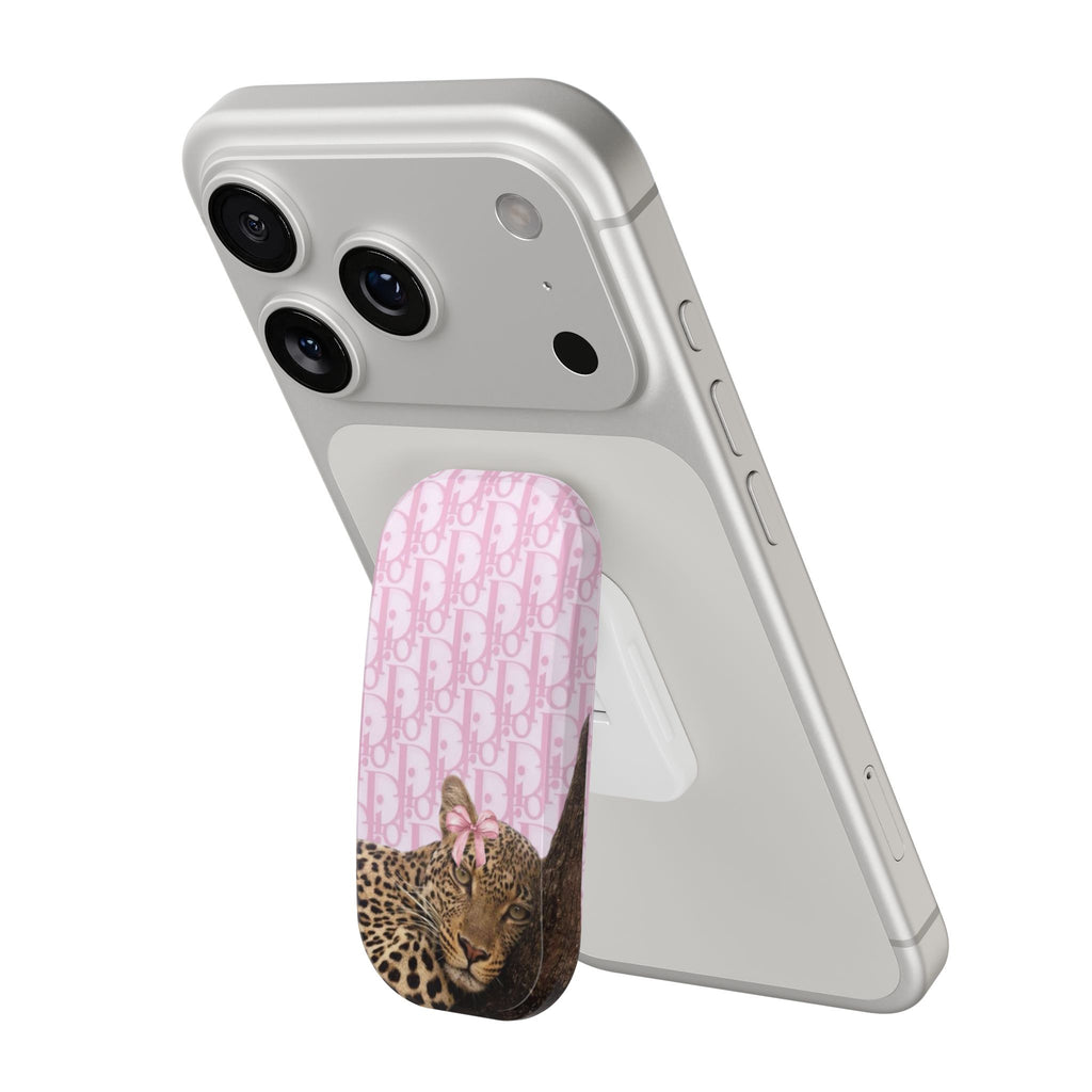 White phone case with pink Dior monogram panel and leopard cat face