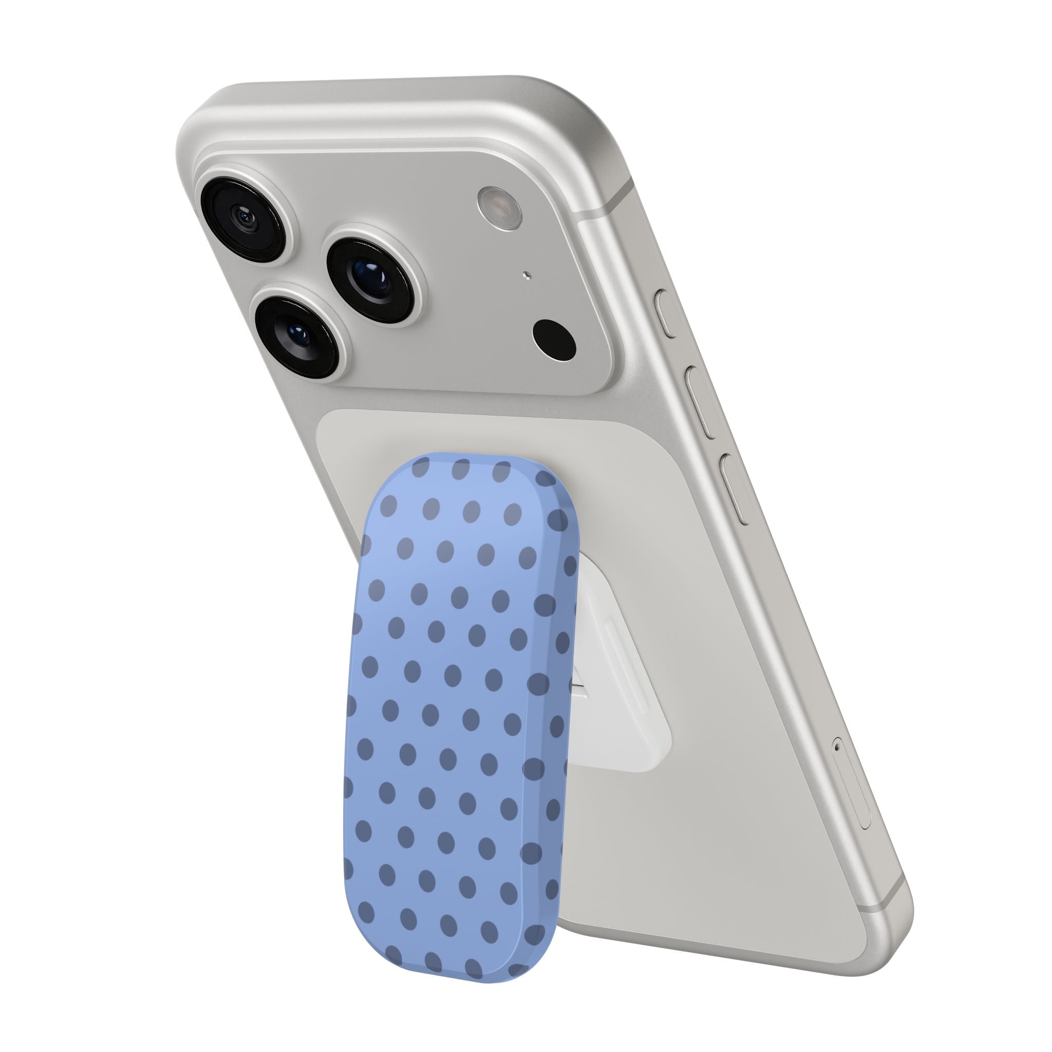 Phone case with hands-free pop grip, light blue polka dots on back