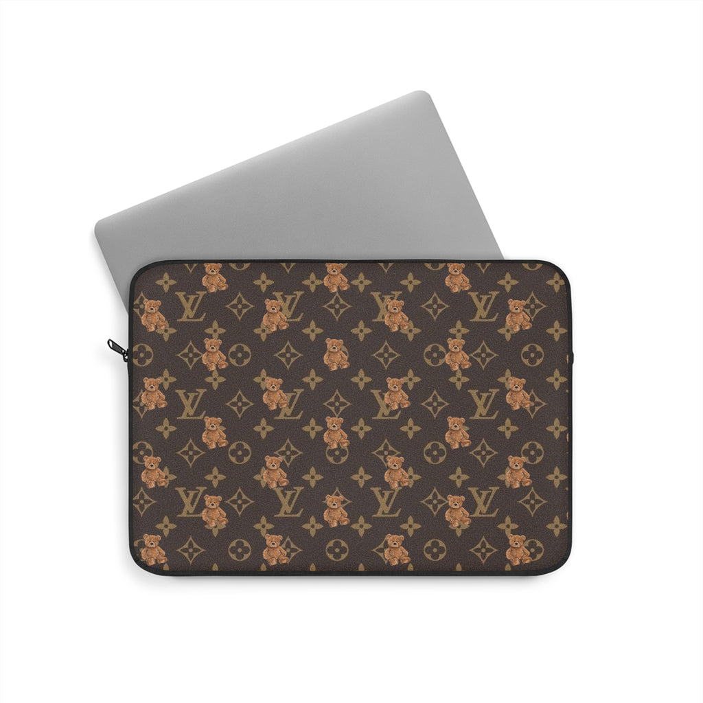 Laptop sleeve zip pouch with dark brown LV monogram and teddy bear pattern, black edging