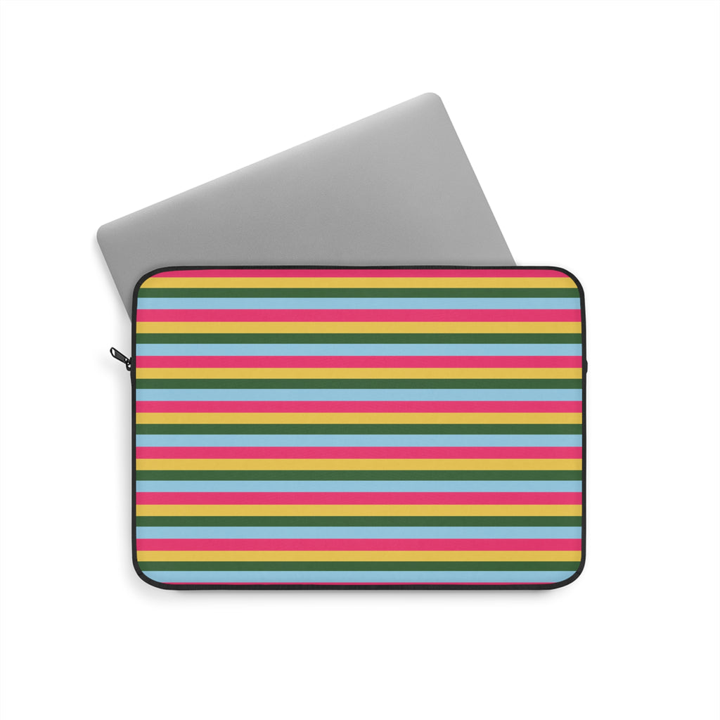 Multicolor striped zippered device sleeve with black trim and front pocket opening