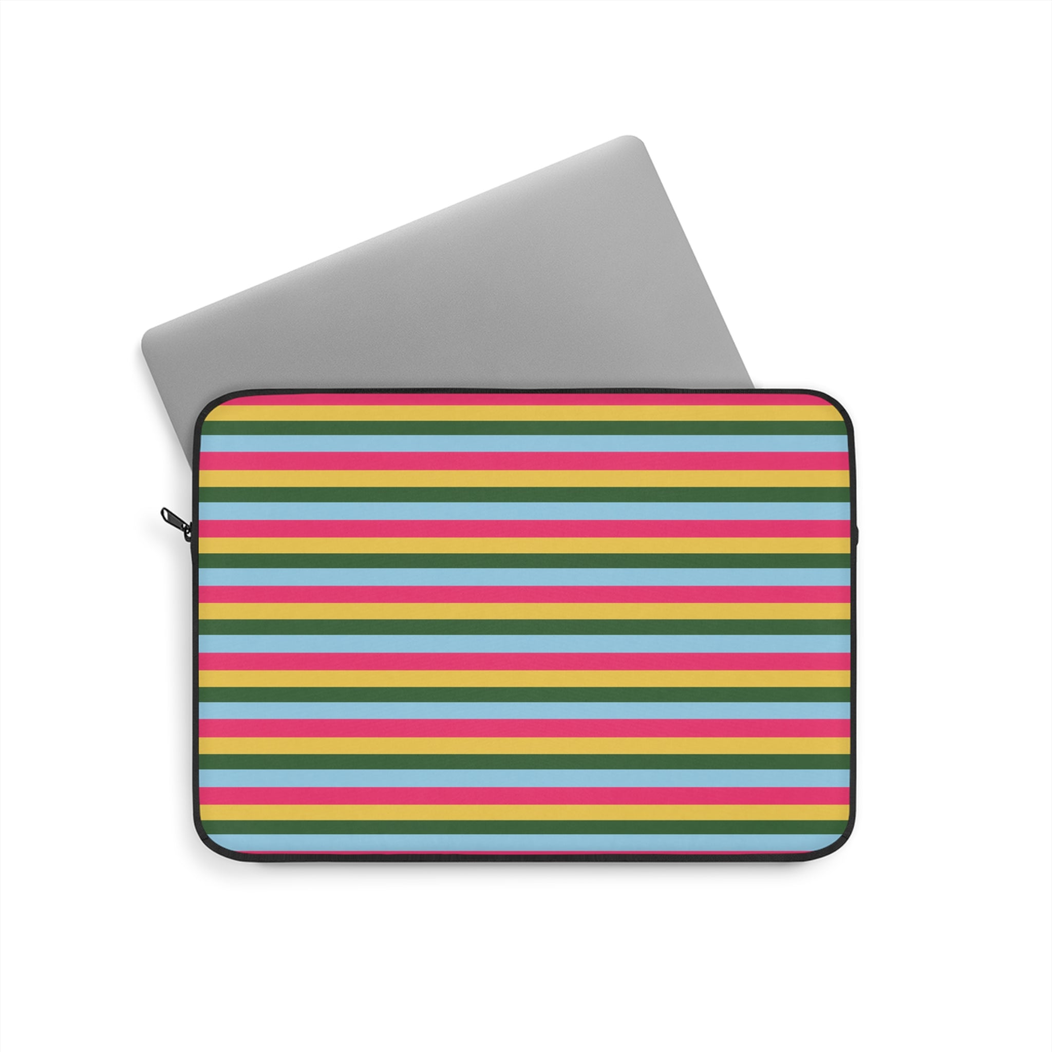 Multicolor striped zippered device sleeve with black trim and front pocket opening