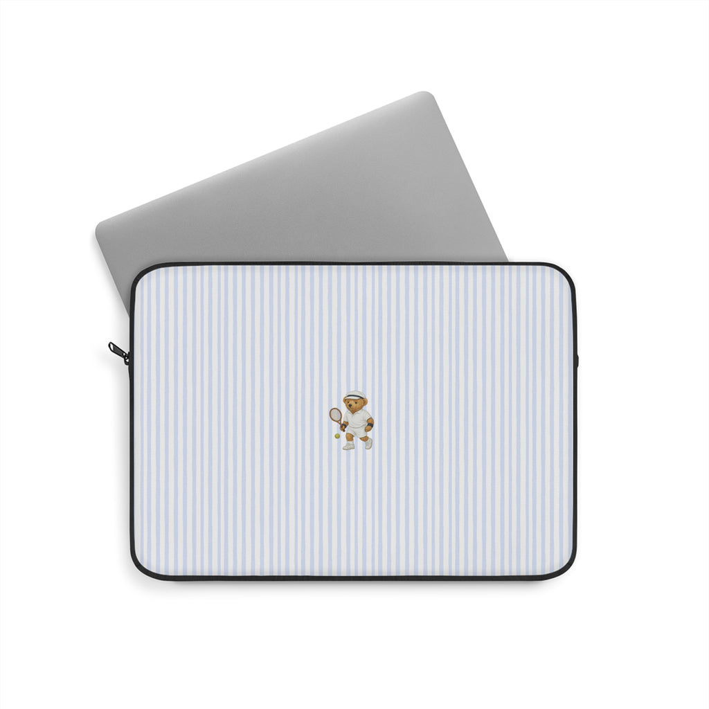 Blue striped neoprene tablet sleeve with teddy bear tennis motif, zip closure