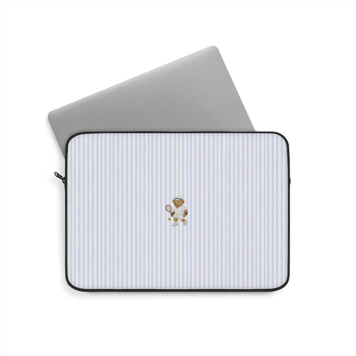 Blue striped neoprene tablet sleeve with teddy bear tennis motif, zip closure