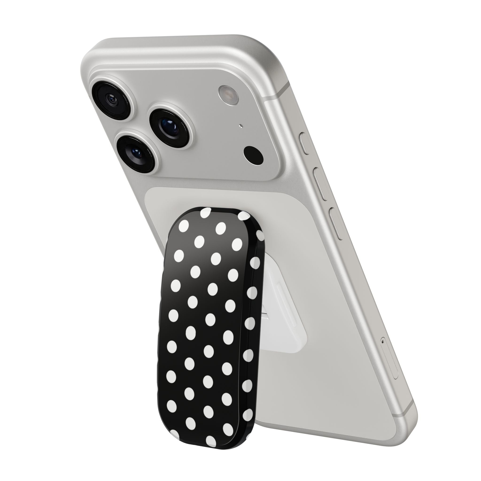 Black polka dot grip/stand cover attached to a gray phone case