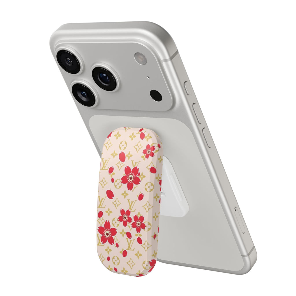 Phone grip case with ivory floral grip, red flower print on the back