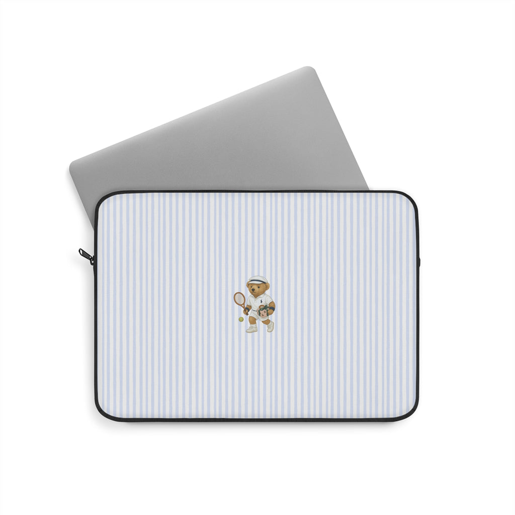 Neoprene tablet laptop sleeve with blue pinstripe fabric, teddy bear patch, zip closure