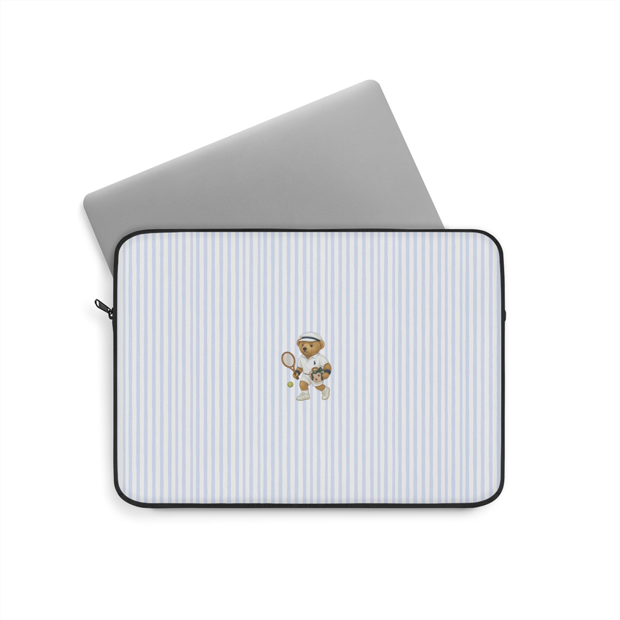 Neoprene tablet laptop sleeve with blue pinstripe fabric, teddy bear patch, zip closure
