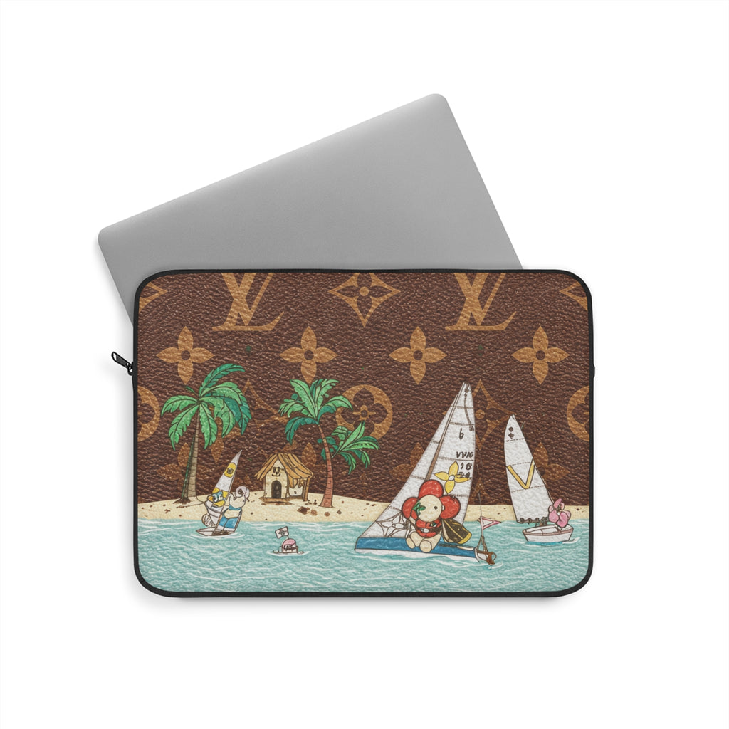 LV monogram laptop sleeve in brown with zipper and sailboat artwork
