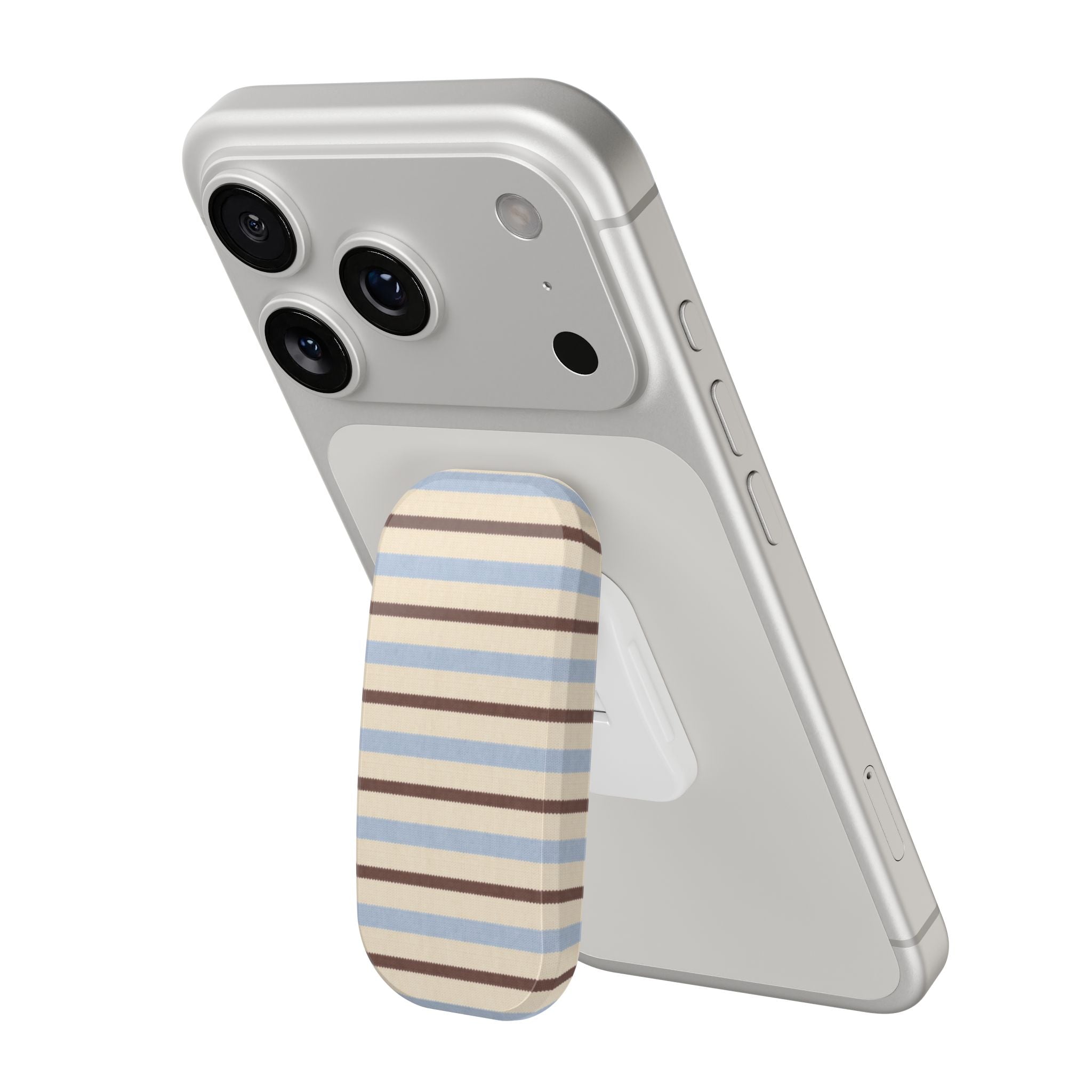 Phone case with striped blue and brown grip attachment and camera cutouts