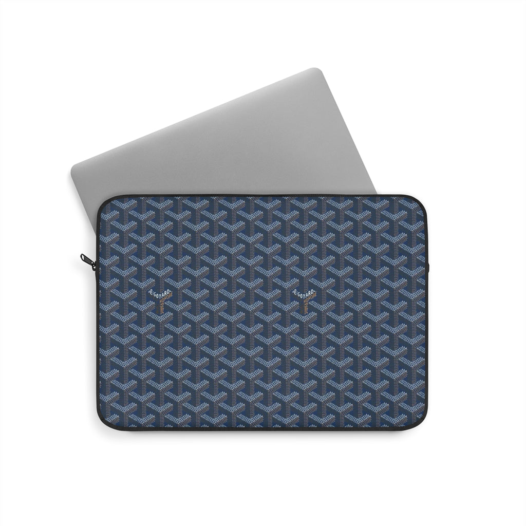 Tablet and laptop sleeve in steel blue with geometric Goyard-style pattern and zipper