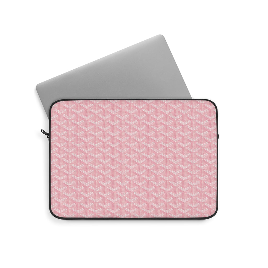 Pink tablet sleeve with Goyard-style geometric pattern and black zipper