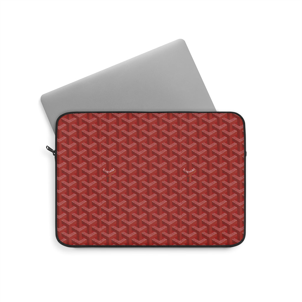 Red Goyard-pattern laptop sleeve with top zipper and black trim