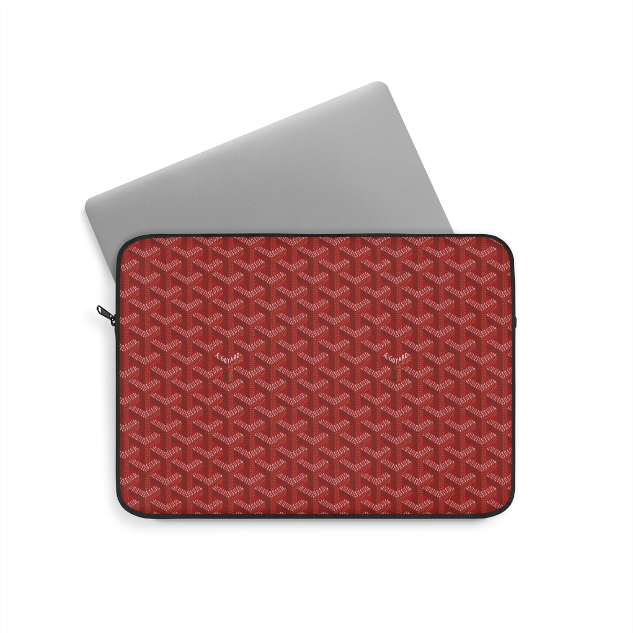 Red Goyard-pattern laptop sleeve with top zipper and black trim