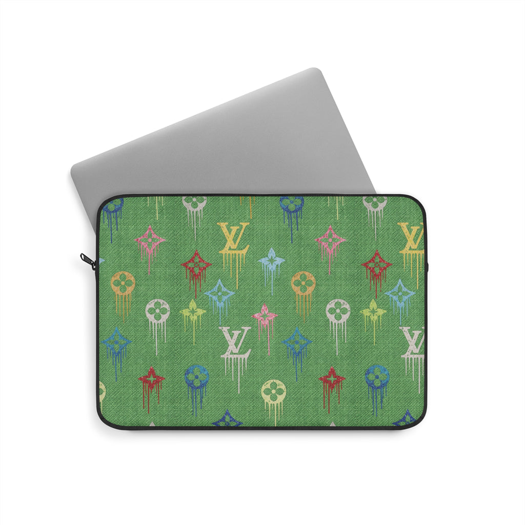 Green tech sleeve with multicolor LV-style symbol pattern and black zip trim