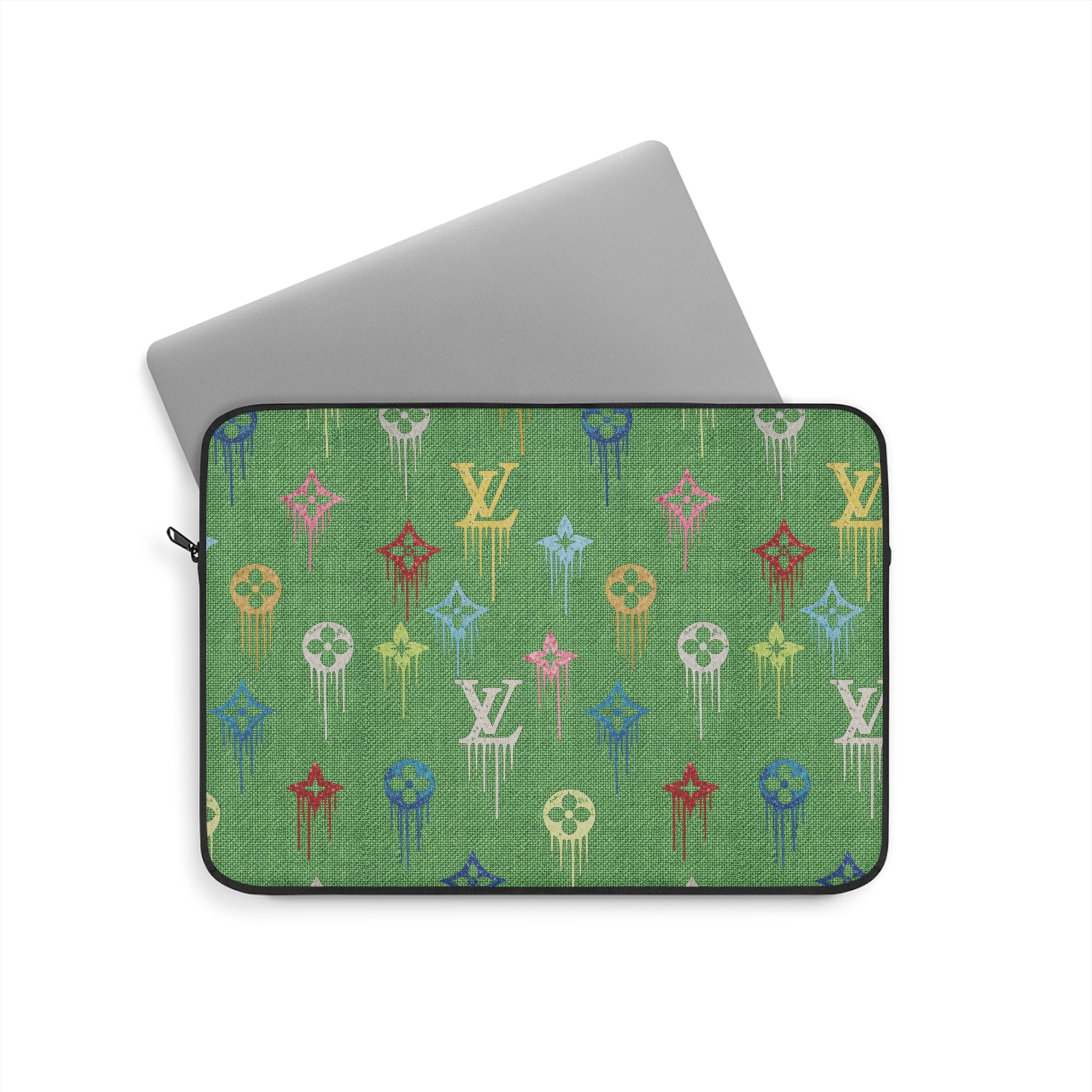 Green tech sleeve with multicolor LV-style symbol pattern and black zip trim