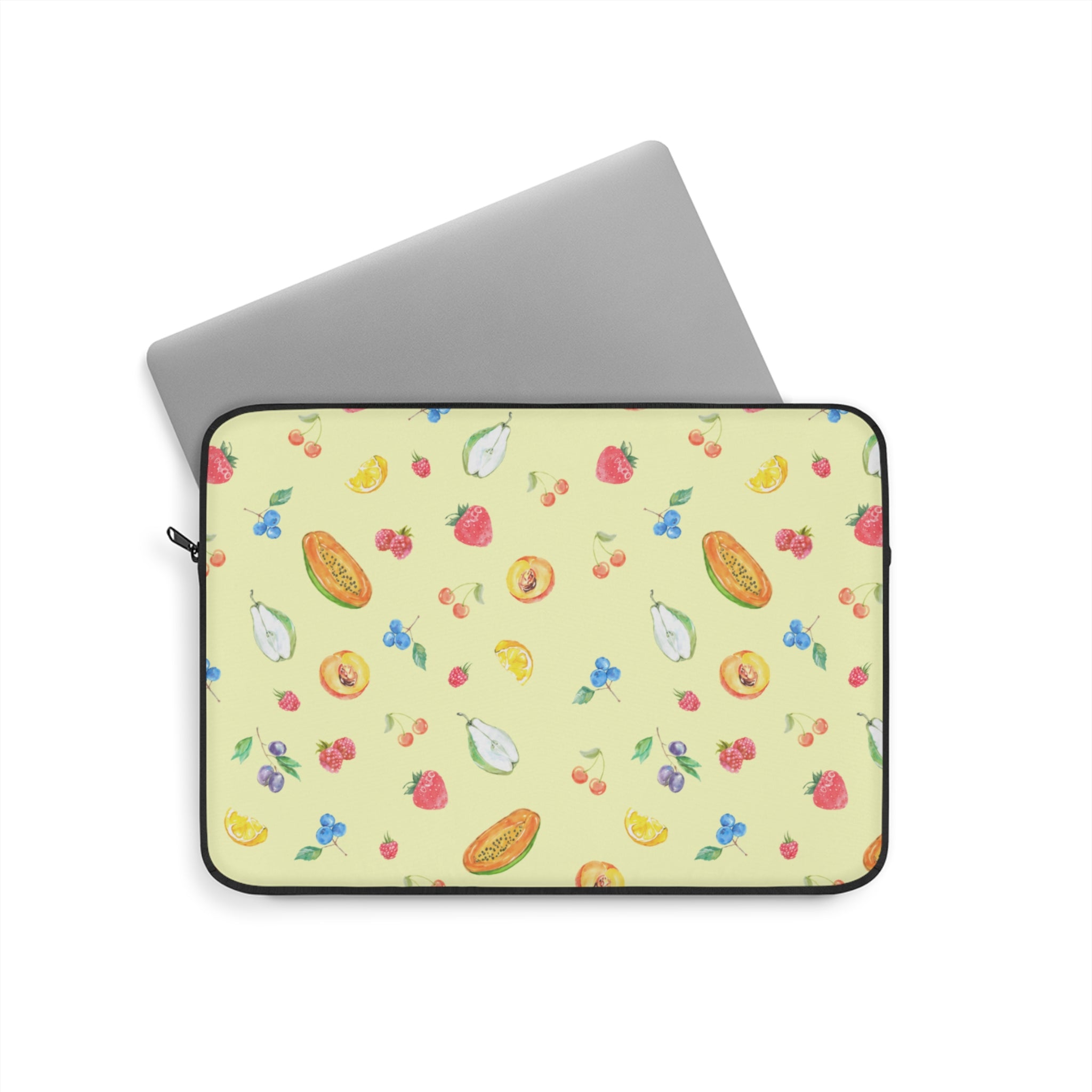 Neoprene tablet or laptop sleeve with yellow fruit pattern and black zip closure