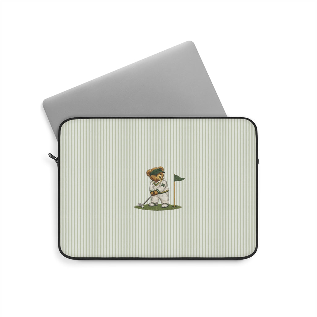 Neoprene device sleeve with vertical green stripes, teddy golfer patch, and zip closure