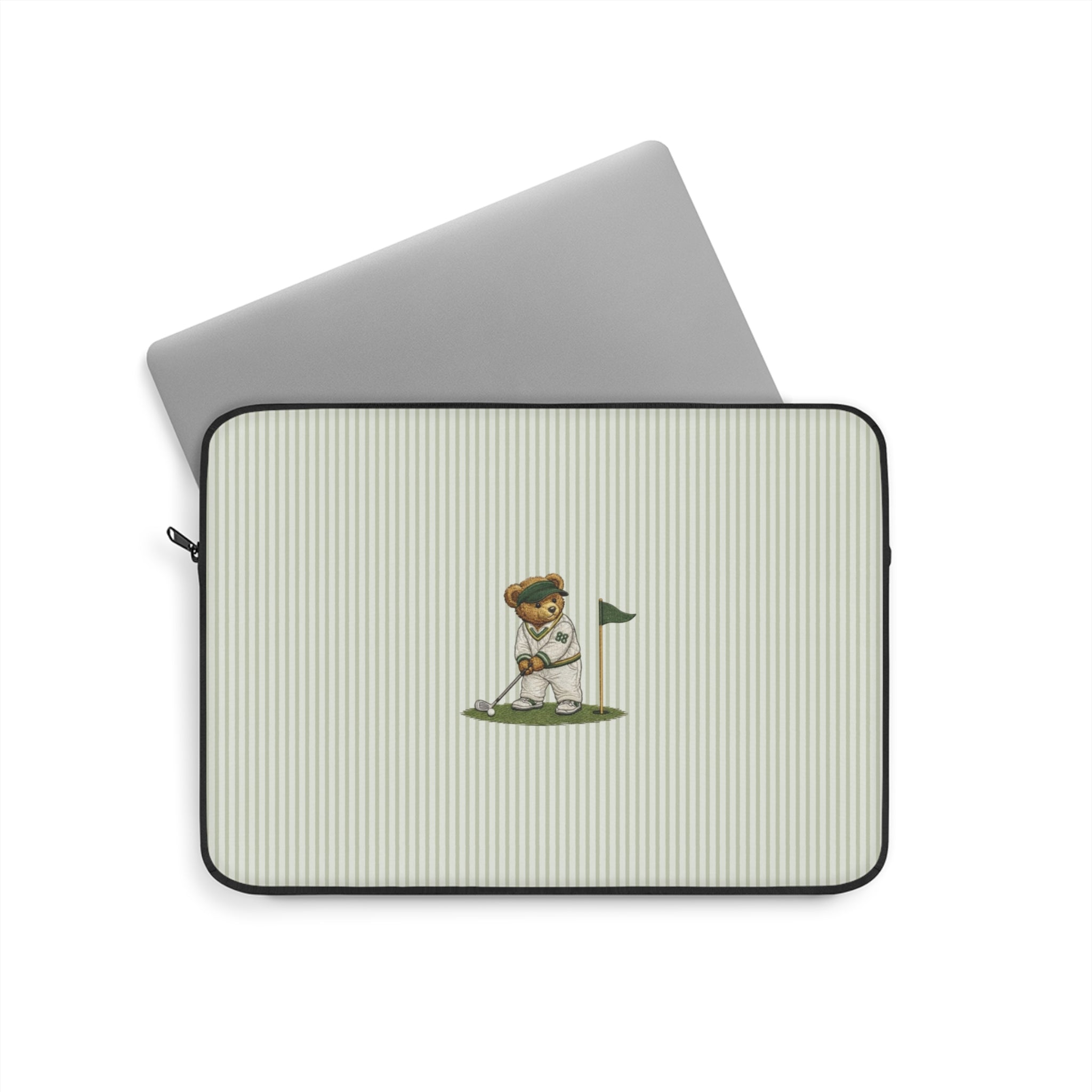 Neoprene device sleeve with vertical green stripes, teddy golfer patch, and zip closure