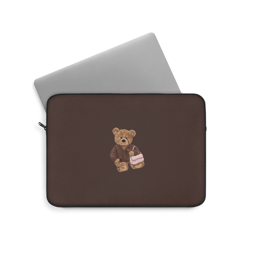 Brown Dior teddy bear device sleeve with zipper and centered bear applique on front