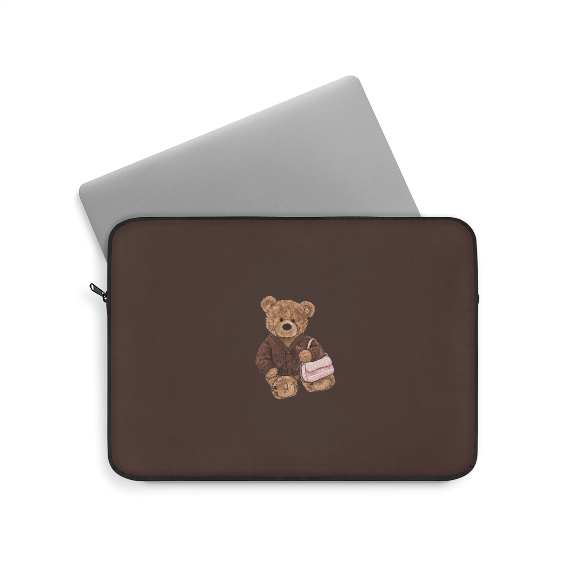 Brown Dior teddy bear device sleeve with zipper and centered bear applique on front