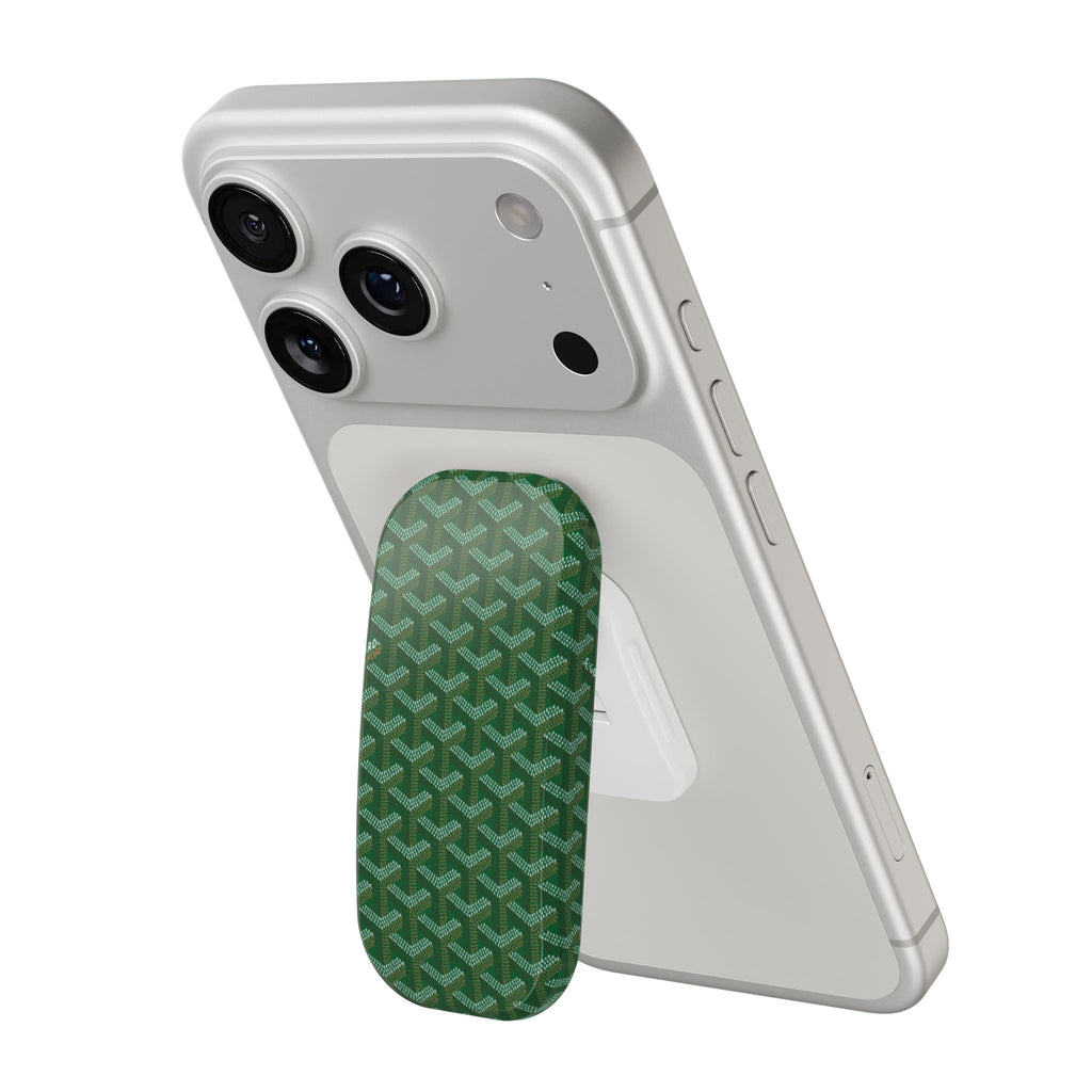 Goyard green patterned Click handsfree phone grip attached to smartphone case