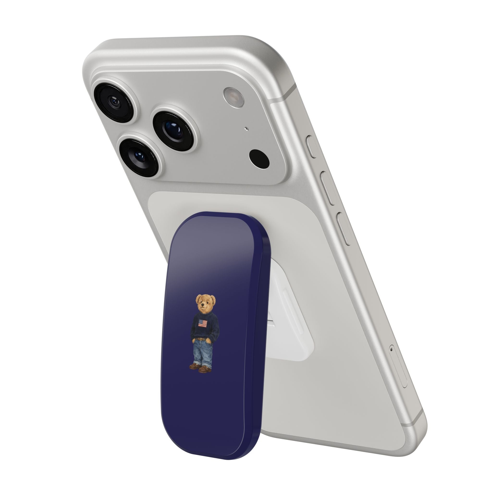 White phone case with navy grip clip featuring teddy bear holding American flag