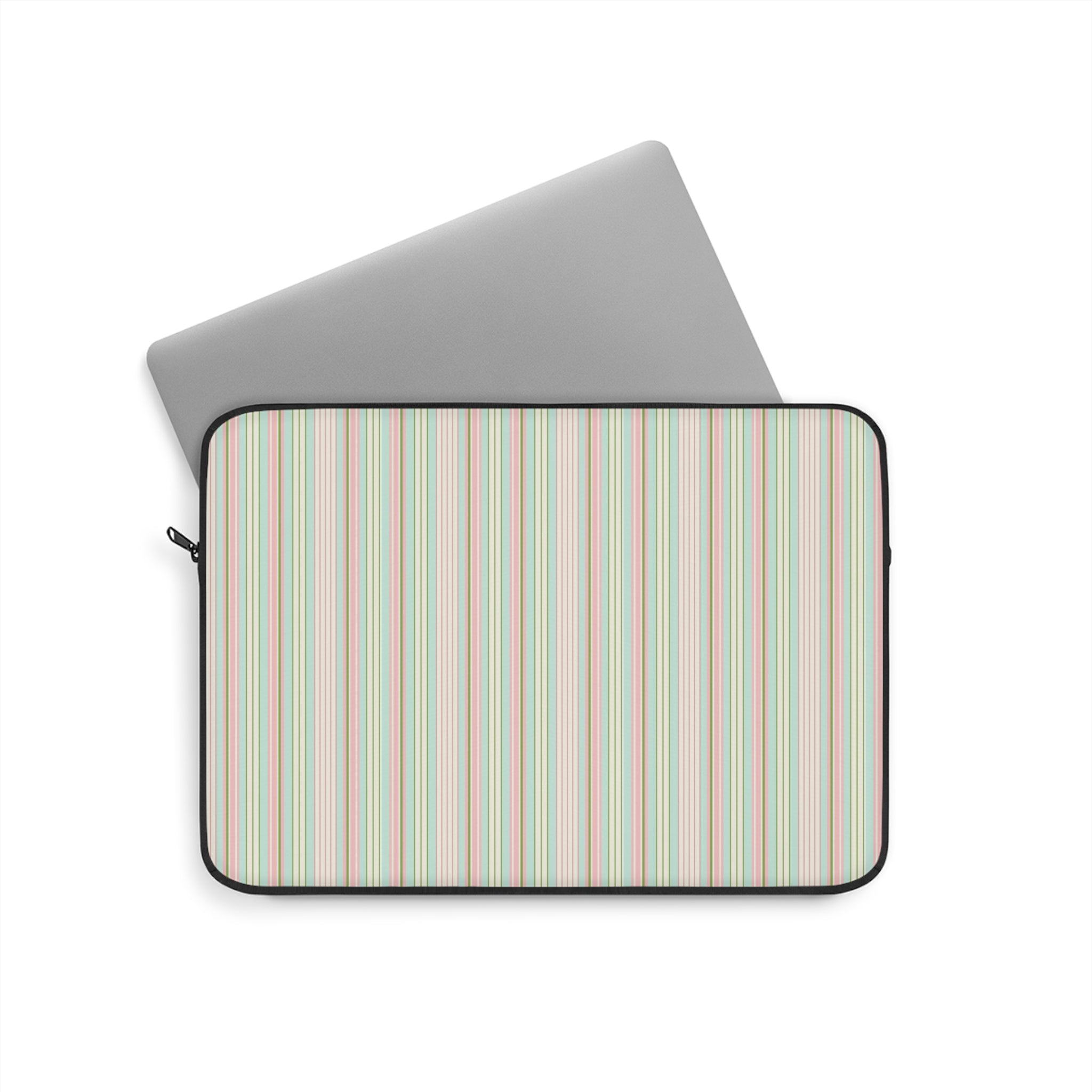 Colorful vertical-striped tablet/laptop sleeve with black zipper trim