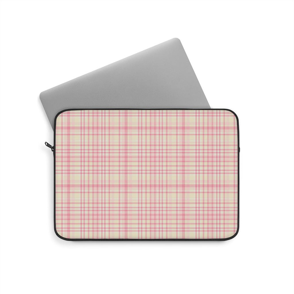 Plaid laptop sleeve with zipper, pink-and-cream check with black trim