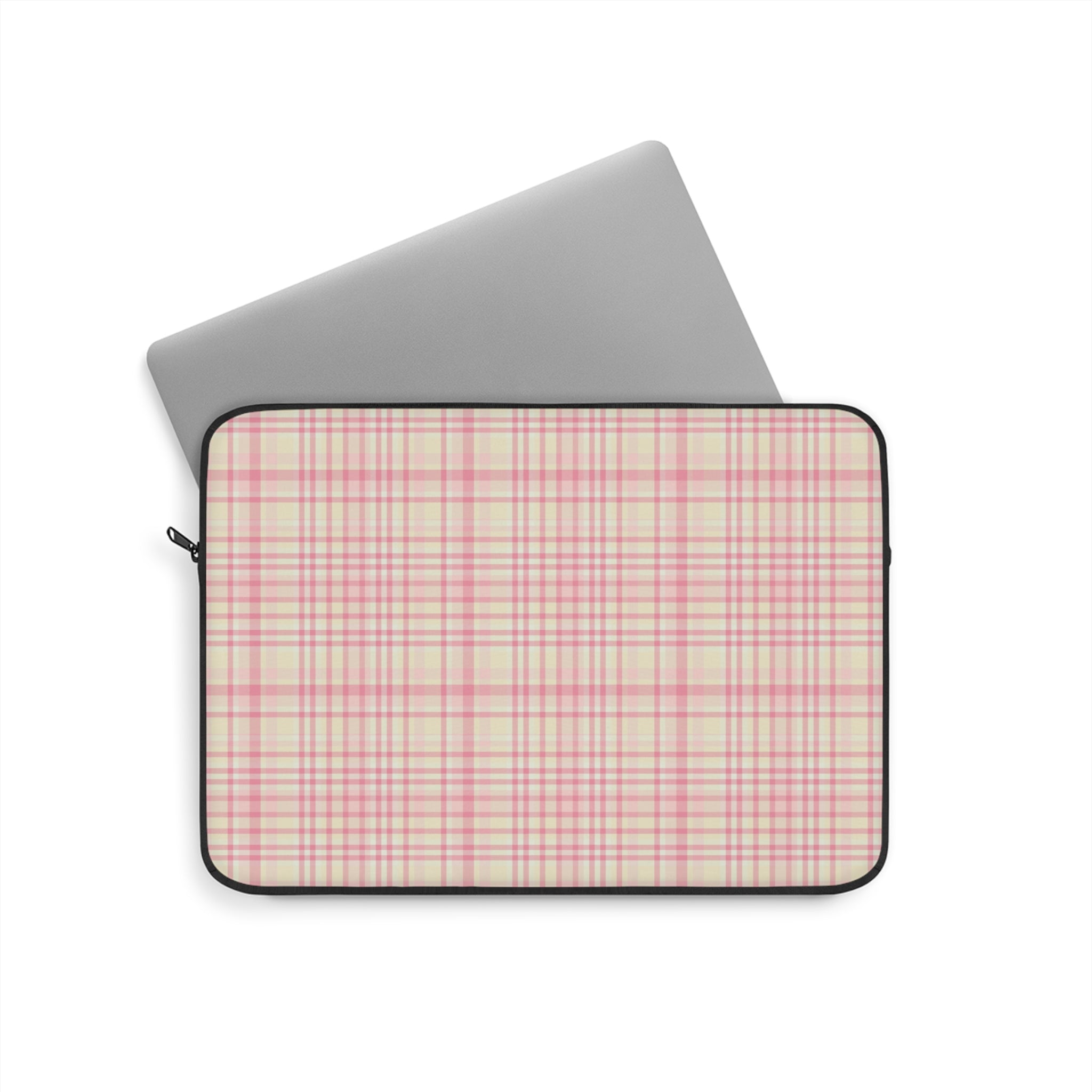 Plaid laptop sleeve with zipper, pink-and-cream check with black trim