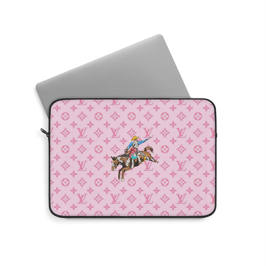 Pink laptop sleeve with western cowboy horse graphic, monogram pattern, zip closure
