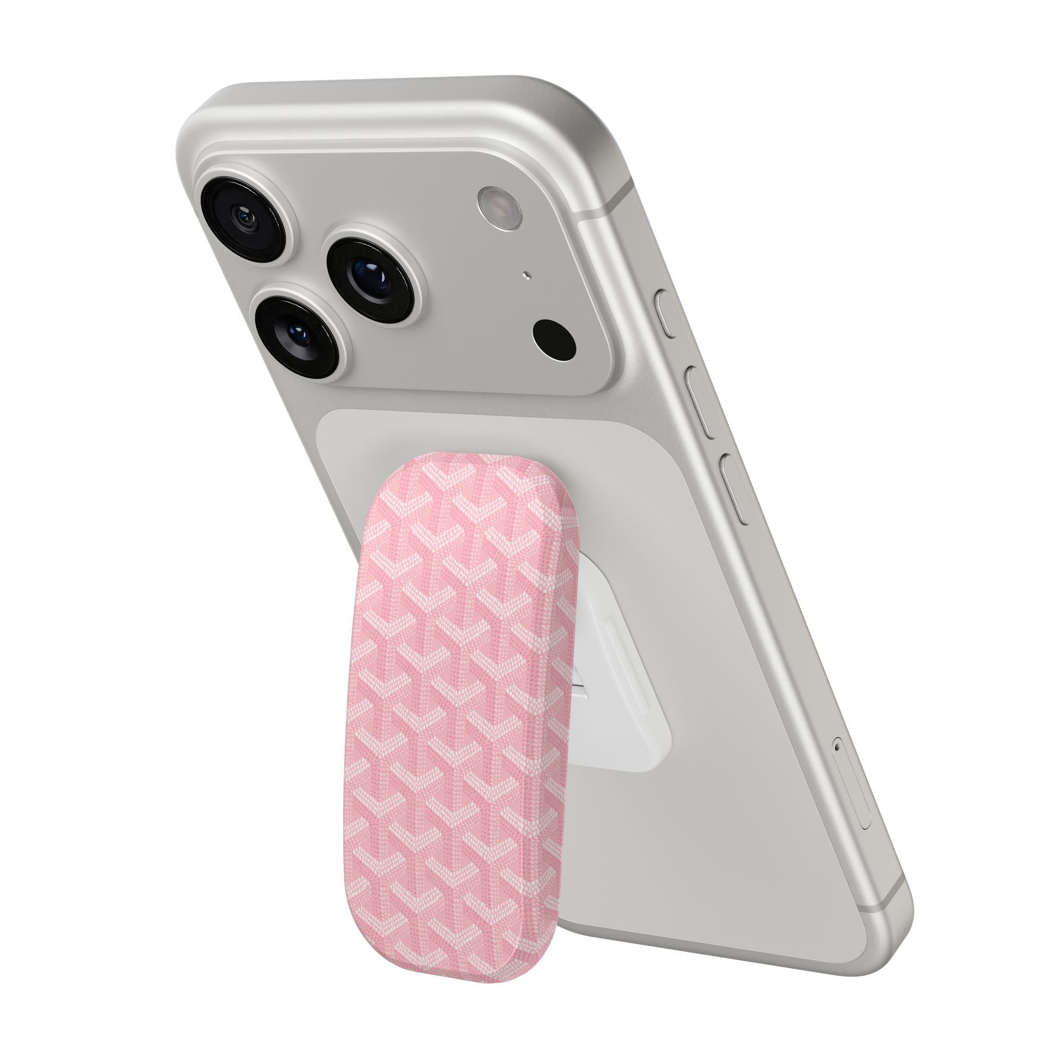 Handsfree phone case with pink chevron-pattern grip attachment on back
