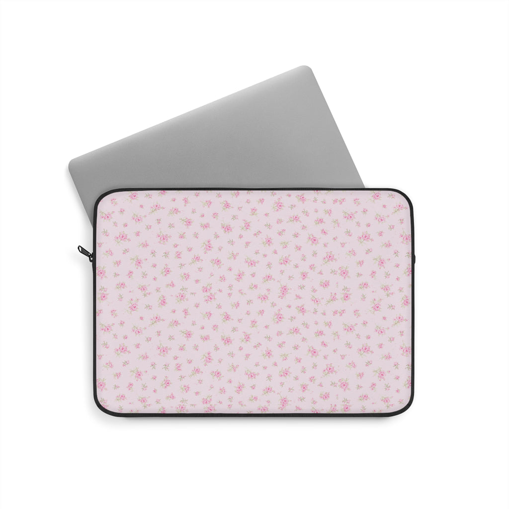 Neoprene device sleeve with pink floral print, black zipper and trim