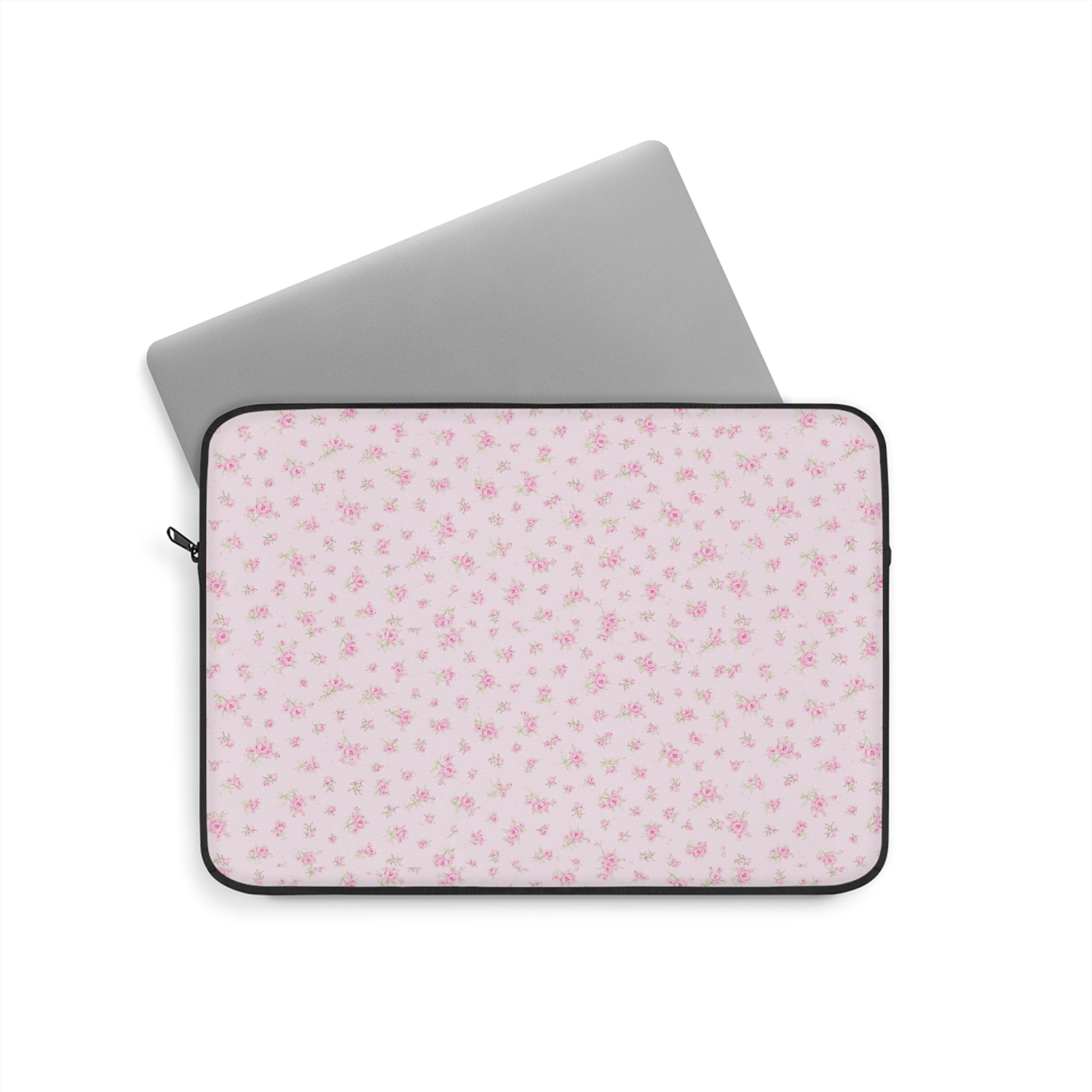 Neoprene device sleeve with pink floral print, black zipper and trim
