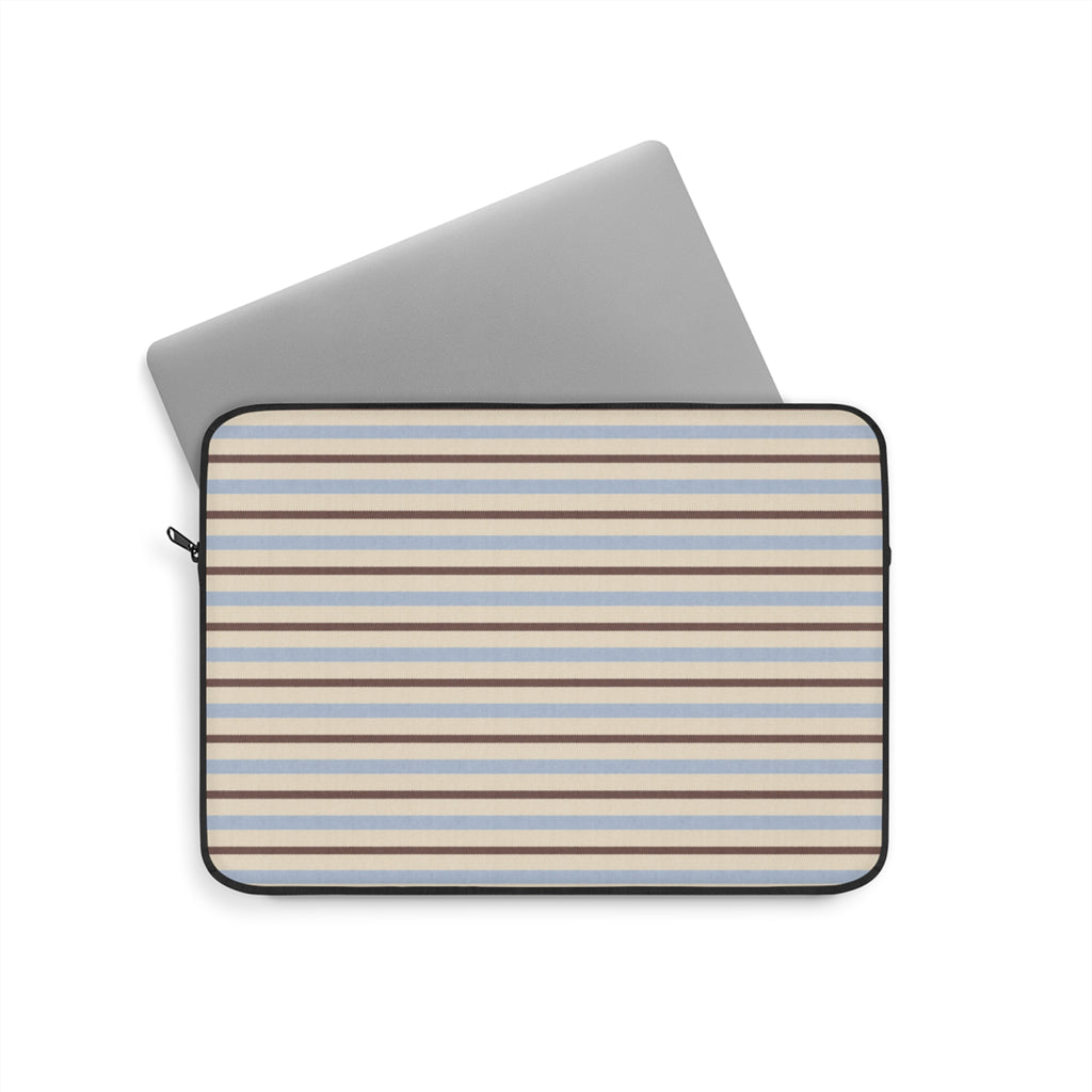 Striped laptop sleeve with zip closure, beige base with blue and brown horizontal stripes