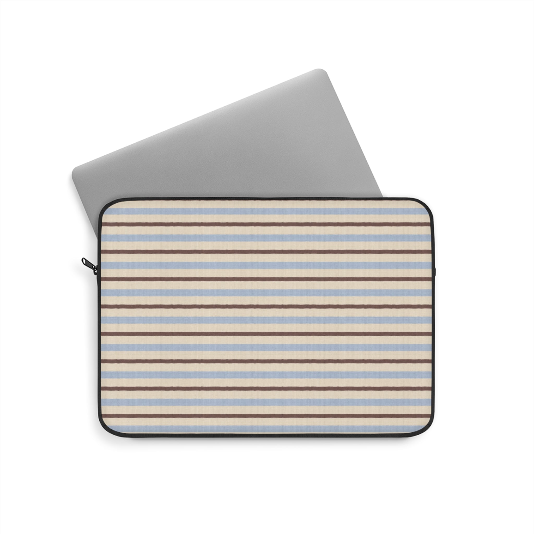 Striped laptop sleeve with zip closure, beige base with blue and brown horizontal stripes