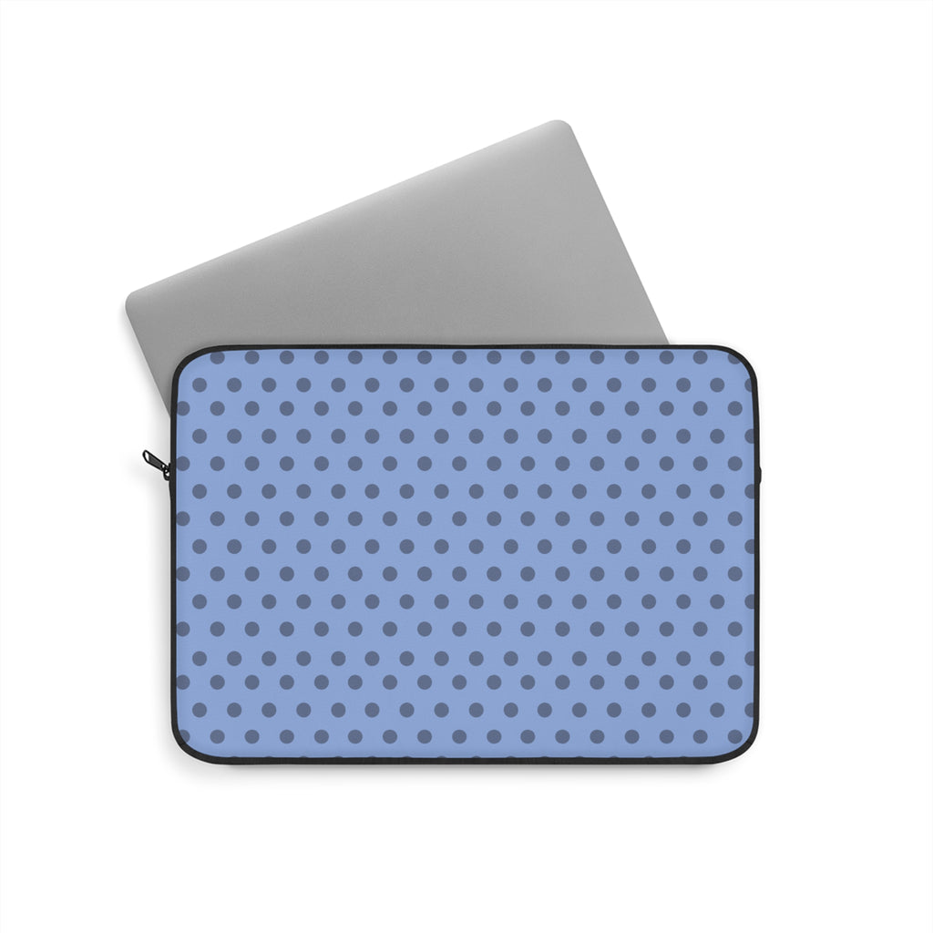 Neoprene tablet sleeve with blue polka dot pattern and zipper, black trim